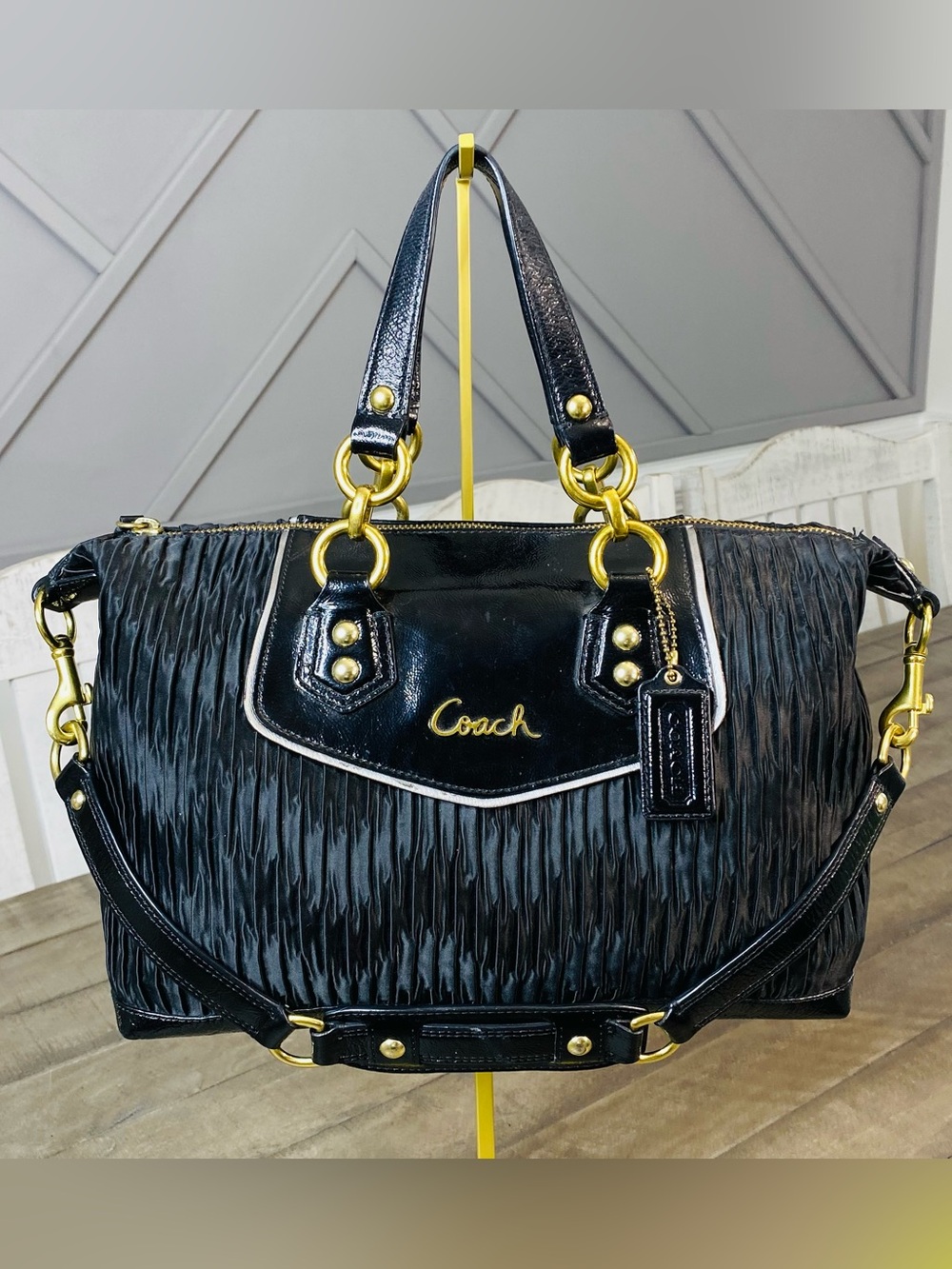 Coach Ashley Black Gathered Sateen Convertible Satchel Handbag | F20084